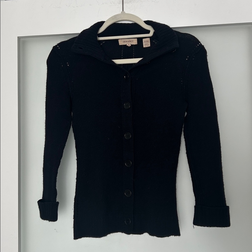 INHABIT black button front cardigan mock neck cashmere sweater SMALL